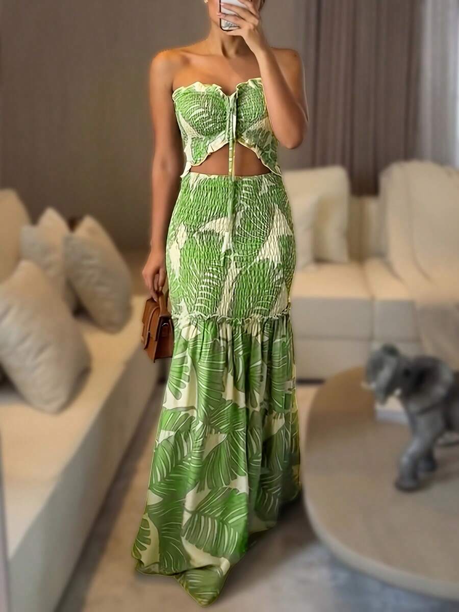 Women's Summer Autumn Casual Elegant Floral Print Bandeau Strapless Tie-Up (2-In-1) Ruched Hip Patchwork Ruffle Hem Long Dress, Suitable For Vacation, Beach, Outings - Green - View 1