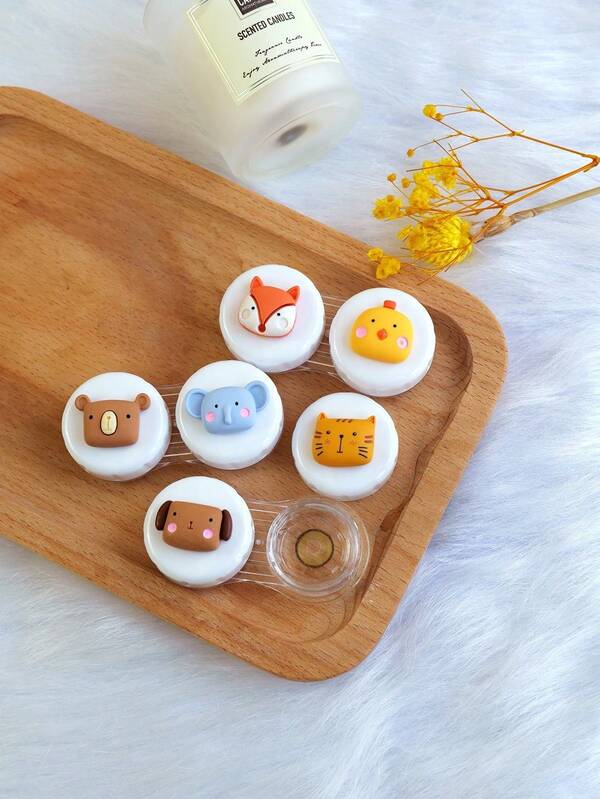 XIANG YU Caja de almacenamiento de lentes de contacto de estilo de dibujos animados 3D aleatorio, estuche lindo para el cuidado de lentes de contacto, kit portátil y compacto de contenedor de remojo para viajes y el hogar