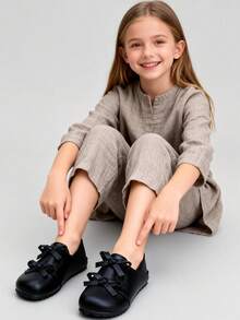 2025圣诞新年礼物,3-12岁女童鞋,双层3D蝴蝶结设计,PU皮革防滑耐磨,低帮圆头平底鞋,优雅甜美公主风皮鞋,适合日常上学和派对活动,畅销款 - 黑色 - 查看 6