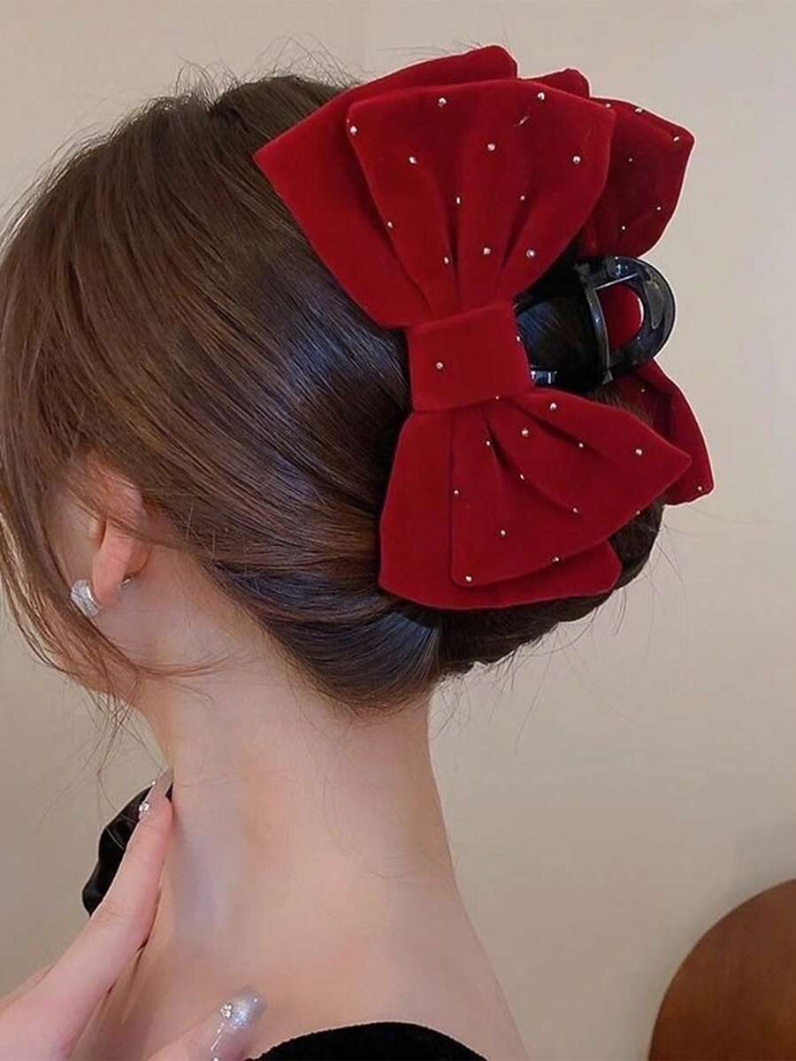 1pc Women's Solid Color Velvet Rhinestone Super Large Double-Layer Bow Hair Clip, Elegant Sweet Fashion For School, Party, Dance, Daily Wear Beach Accessories Hair Clips Summer Outfits Claw Clips,Festival,Birthday - Red - View 1