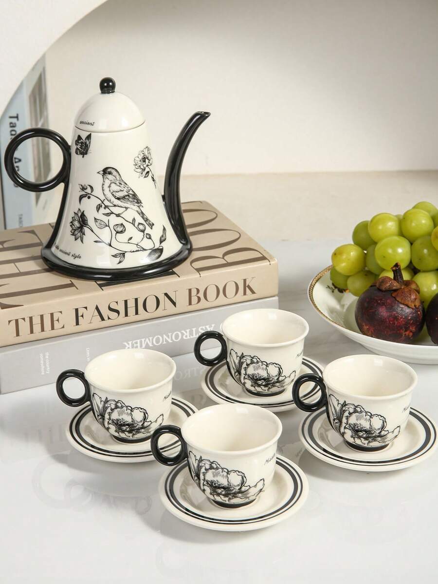 1 Set French Ink Painting Style Ceramic Tea Set, 1 Teapot 4 Cups & Saucers, High-End, Suitable For Home Use, Gatherings, Housewarming, Gift - Multicolor - View 1