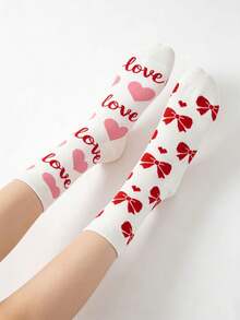 1 par de calcetines de media caña para mujer con diseño de corazón y lazo, diseño dulce y sencillo, cómodos y suaves, adecuados para uso diario, fiestas, viajes, citas - Rojo y blanco - Ver 4