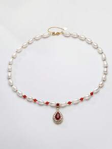 DARA 5-6毫米淡水养殖珍珠和红玛瑙项链，时尚百搭，女士必备 - 白色 - 查看 4
