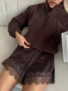 Women Lace Trim Satin Silk Shorts Y2K Patchwork Silky Mini Shorts Elastic Waist Pajama Slip Bottoms Boxer Coquette Micro Mini Shorts Going Out Shorts - nâu sẫm - Xem 2