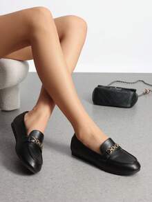 Women Flats Loafers Slip On Moccasins Flat Driving Shoes Arch Support Work Flats Chic Metal Chain Comfortable Versatile Lightweight Casual Loafers Shoes - 黑色/PU - 查看 3