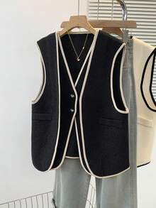 YUXIN Spring/Auto/Winter Retro 2 In 1! Women's Woolen Vest V-Neck Contrast Trim Double Pockets Soft Office Style - Black - View 2