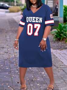 Plus Size Summer Fashionable Loose V-Neck Dress With Letter Print