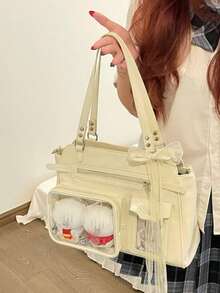 Y2K Vintage Large Capacity Transparent Badge Corn Road Messenger Bag, Suitable For Street Fashion, Shopping, Commuting, Gifts, Parties, Anime Conventions, Versatile Shoulder/Crossbody Bag - Beige - View 6