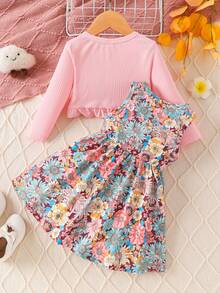 女婴优雅花卉蝴蝶结无袖连衣裙和长袖开衫套装，春秋季 - 粉色 - 查看 2