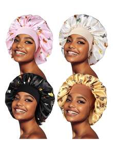 4pcs Satin Pajama Set, Silky Hair Turban, Braids - Black + White + Pink + Gold - View 1