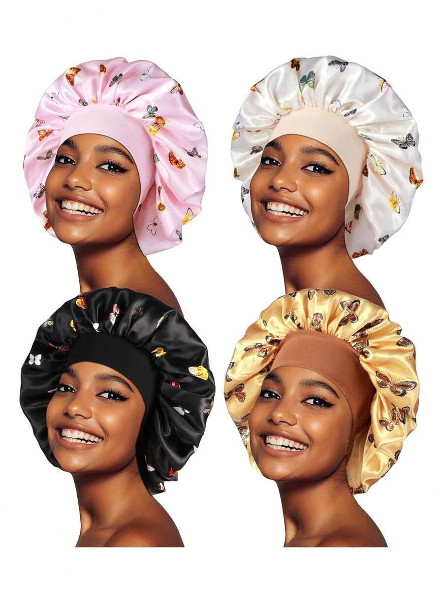 4pcs Satin Pajama Set, Silky Hair Turban, Braids - Black + White + Pink + Gold - View 1