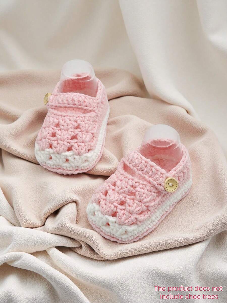 1 Pair Handmade Crochet Infant Booties, Soft Green And White , Button Closure Infant Shoes - Baby Pink - View 1