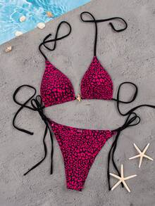 wohenmeili 吊带豹纹时尚夏季比基尼套装 - 蒙特內紅 - 查看 1