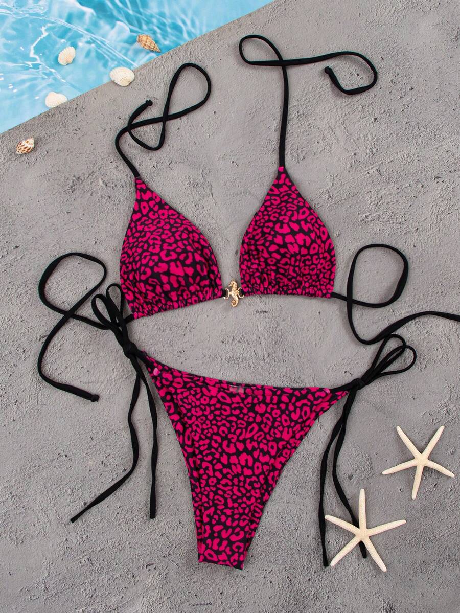 wohenmeili 吊带豹纹时尚夏季比基尼套装 - 蒙特內紅 - 查看 1