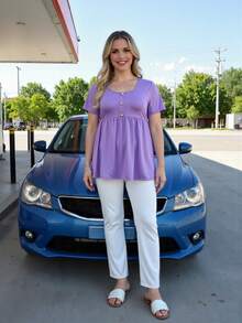 方领纯色前开襟宽松大码休闲上衣，适合春夏穿着 - 紫丁香色 - 查看 4