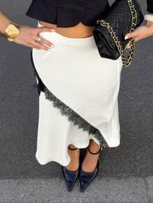 Gonna elegante da donna in pizzo e patchwork, adatta per appuntamenti, compleanni e feste - Bianco - Visualizzare 1