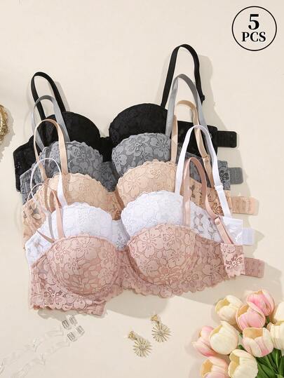 5pcs Women's Strapless Lace Underwire Bra With Removable Straps - Push Up & Breast Enhancing, Lift Support, Sexy & Comfortable, Fashionable For Daily & Special Occasions