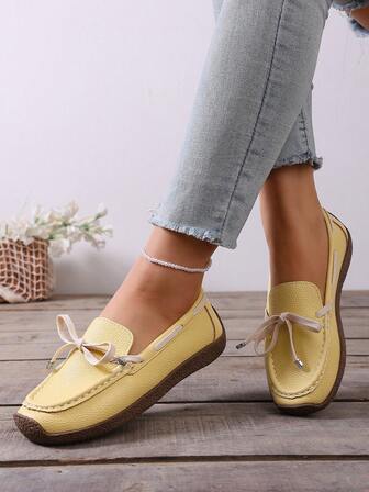 Damloafers med snörning och rosettdekor, rund tå, avslappnad personlighet, minimalistiska slip-on-skor, bekväma, lätta, mjuka, halkfria, moderiktiga, mångsidiga, slappskor