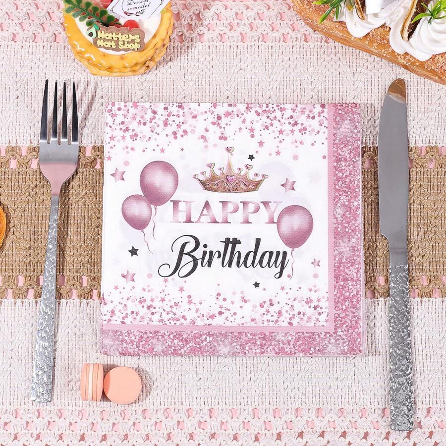 20张/40张/60张装，优雅玫瑰金闪光公主生日餐巾纸，双层13*13英寸皇冠气球星形图案一次性鸡尾酒餐巾纸，适用于女孩皇家生日派对、公主主题聚会、晚宴、野餐、鸡尾酒会、生日派对 - 粉色 - 查看 1