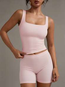 XLLAIS 女士纯色方领无袖背心，修身休闲装，粉色情人节上衣