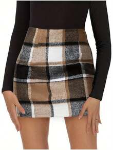 Plaid Skirts For Women, Pencil Mini Skirts For Women High Waist Bodycon Christmas Holiday Fall Winter Skirts - 棕色的 - 查看 2
