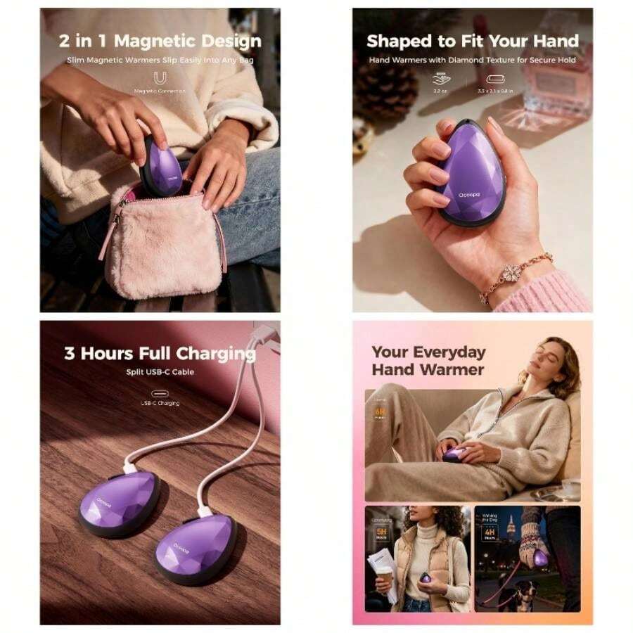 Calentadores de Manos Recargables 2 en 1, Porttil, Elegante y Magntico en Forma de Diamante. Calentador de Bolsillo Reutilizable para Senderismo, Navidad, Regalo Tecnolgico 2025 para Mujeres - Morado - Ver 1
