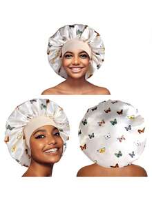 4pcs Satin Pajama Set, Silky Hair Turban, Braids - Black + White + Pink + Gold - View 3