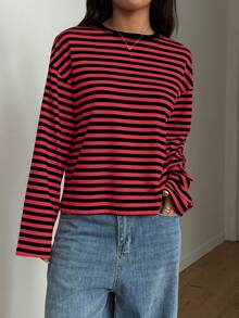 女士休闲插肩袖条纹圣诞红黑撞色罗纹圆领T恤，日常春季穿着 - 紅黑色 - 查看 6