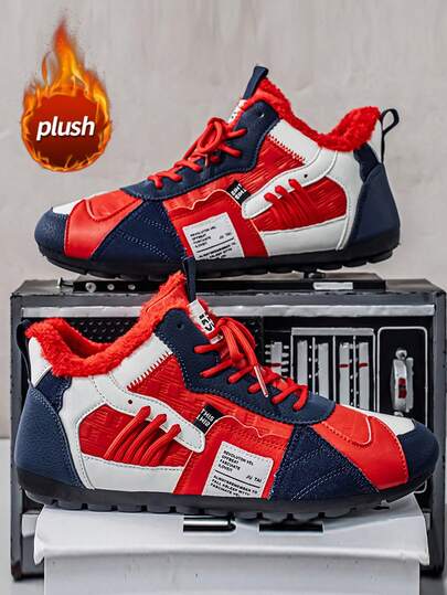 Men's Snow Boots Winter Plush Lined Plus Size 46 Casual Loafers, Faux Leather Patchwork Fashion Versatile Plush Lined Casual Sneakers, Comfortable Lightweight Men's Winter Flat Shoes Mid-Top Ankle Support Warm Boots