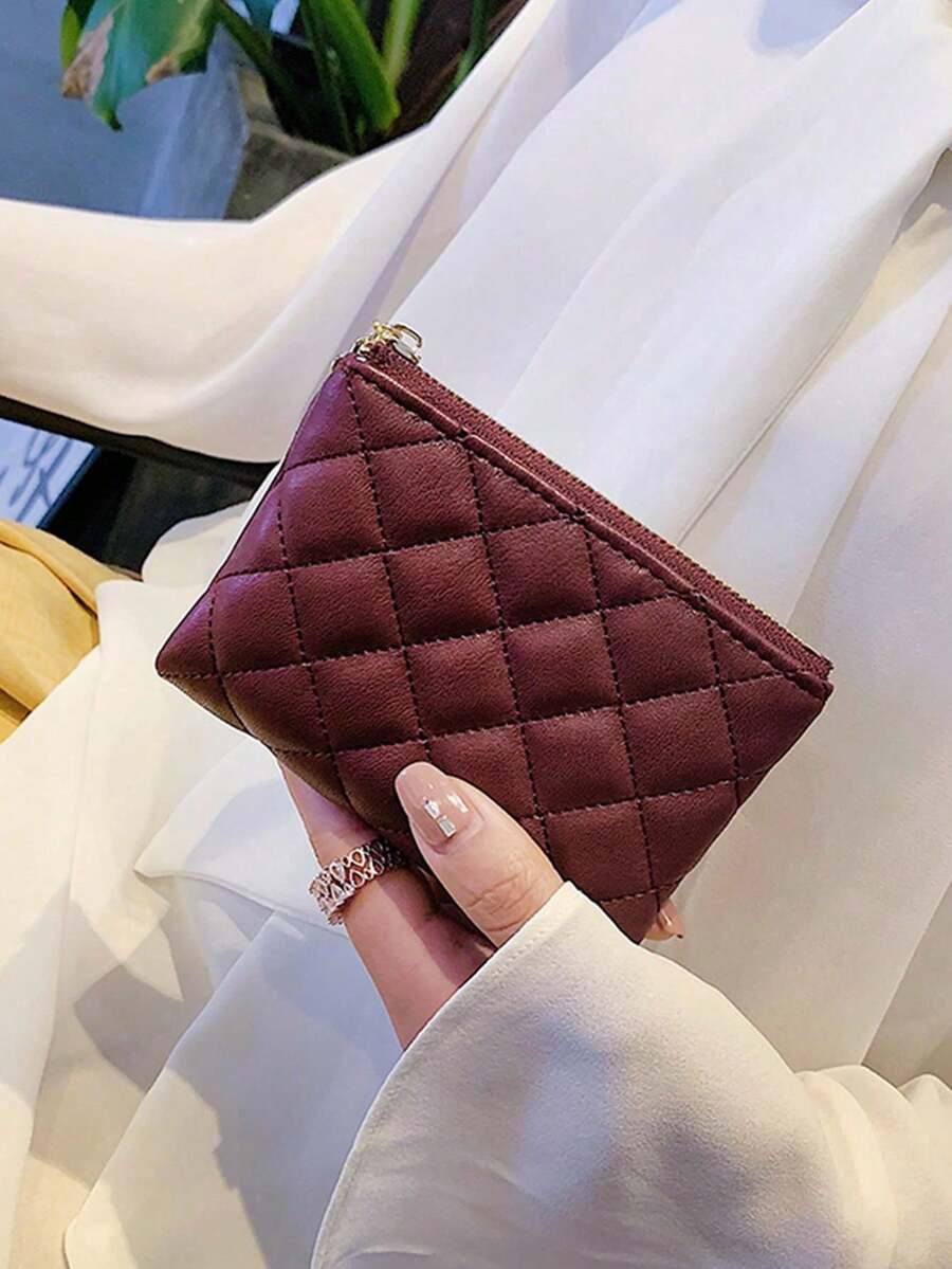 Unisex 2-Fold Rhombus Embroidered Line Wallet, Fresh Style Short Multifunctional Card & Cash Holder, Soft Leather Coin Purse - Burgundy - View 1