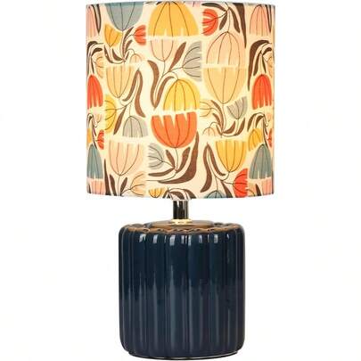 Cyra Ceramic Table Lamp In Textured Base Multi-Coloured Floral TC Drum Shade E27 H32.5 Creative Decorative Light For Bedside Table Desk Or Living Room Side Table - Cream