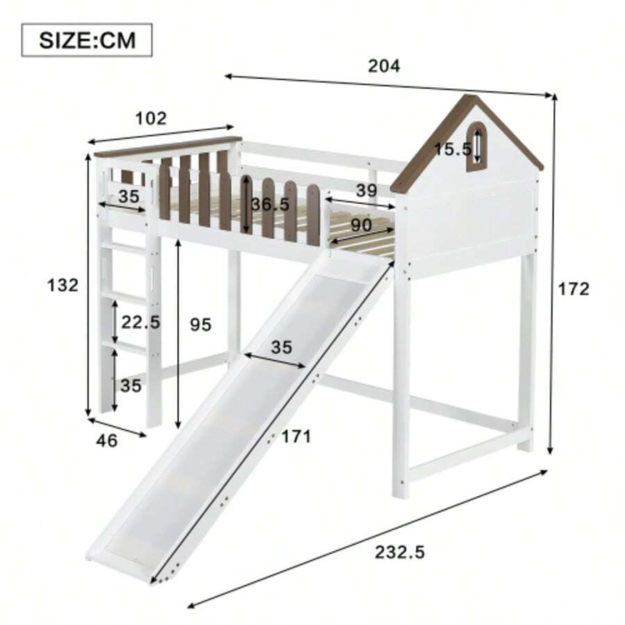 Loft Bed With Roof And Window, With Straight Staircase, Junior Bed, Children's Bed With Slide, Pine + MDF, White + Walnut, 90x200 Cm - White - View 1