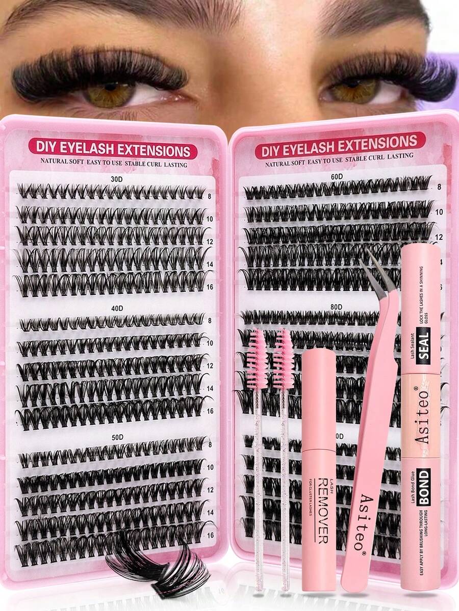 Asiteo 590片D型卷翘簇状假睫毛，高容量，30D+40D+50D+60D+80D+100D，DIY睫毛簇，浓密自然，轻盈纤细，单根分段式假睫毛嫁接套装，包含化妆工具、胶水、定型液、卸妆液、睫毛镊子和刷子，适合在家DIY使用。 - 彩色 - 查看 1