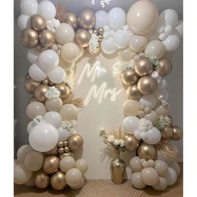 132Pcs White Sand Gold Balloon Garland Arch Kit,Beige Nude White With Metallic Chrome Gold Latex Balloons For Wedding Bridal Shower Engagement Party Decorations Birthday Baby Shower Supplies
