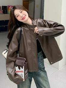 Café Chaqueta de cuero Abrigo Mujeres Chaqueta de cuero Hong Kong Estilo Corto Motocicleta Americana Retro - Marrón - Ver 1