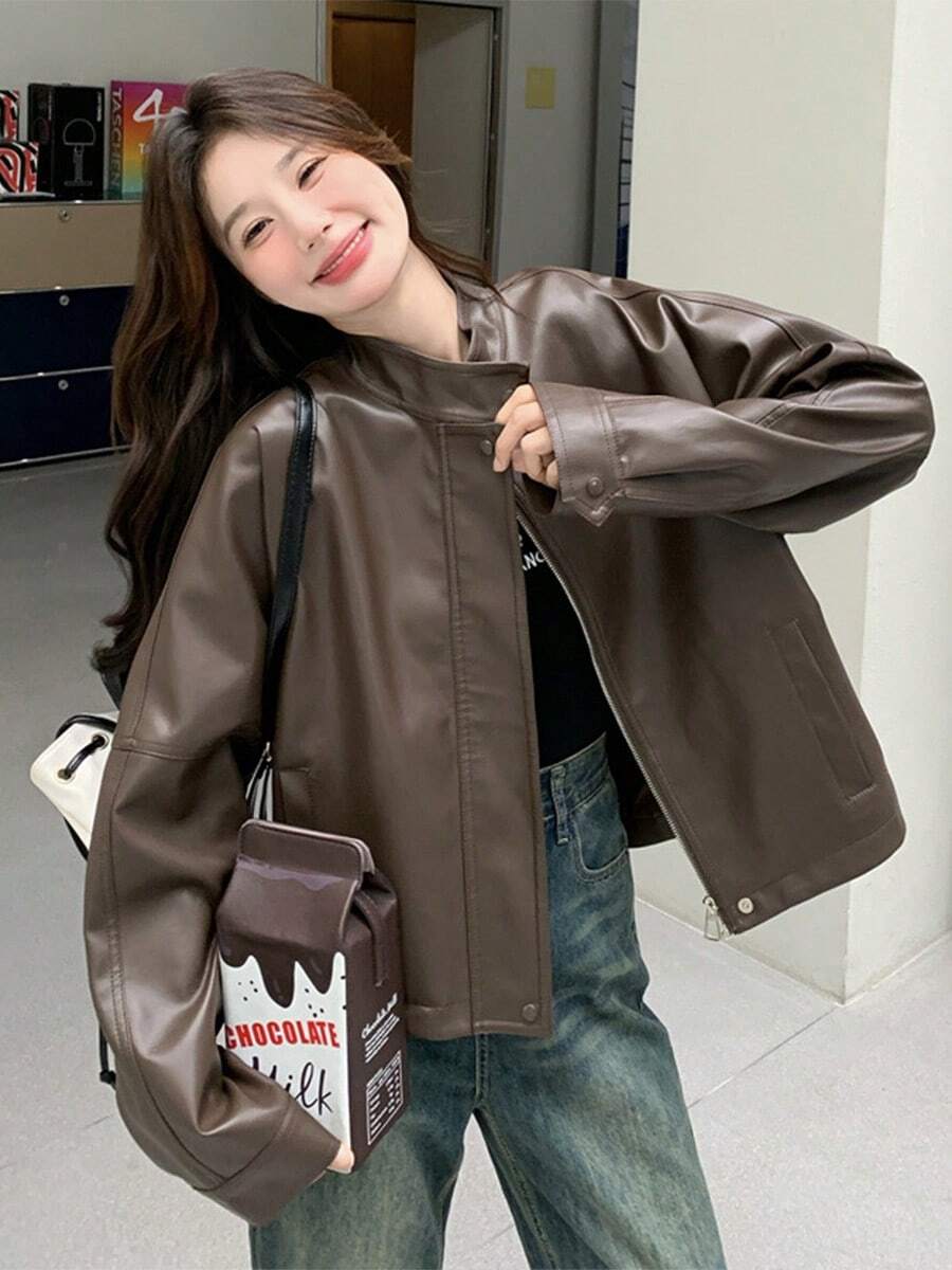 Café Chaqueta de cuero Abrigo Mujeres Chaqueta de cuero Hong Kong Estilo Corto Motocicleta Americana Retro - Marrón - Ver 1