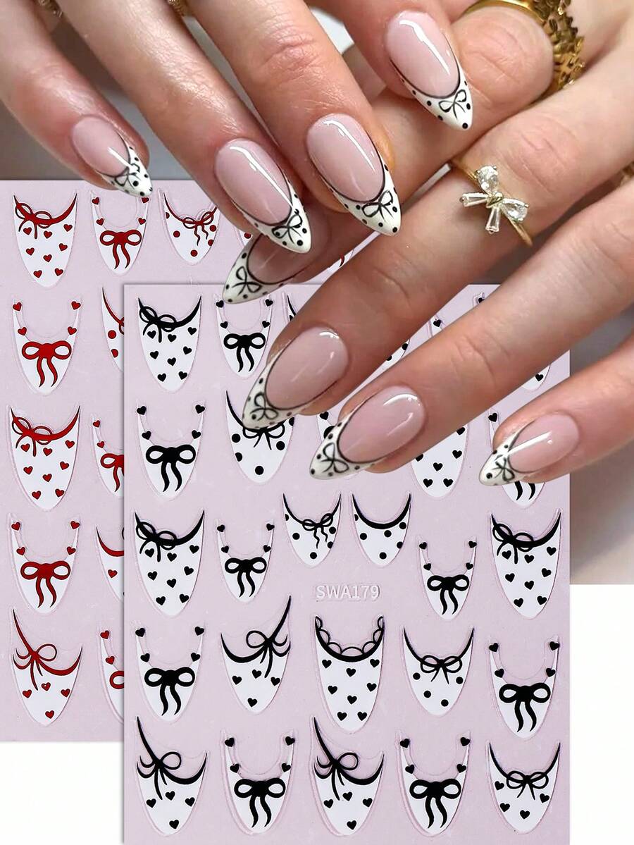 2 miếng dán móng tay 3D hình nơ Pháp dễ thương, họa tiết chấm bi trái tim phong cách Nhật Bản Hàn Quốc Y2K, miếng dán móng tay tự dính DIY, phụ kiện trang trí móng tay dễ thương, dụng cụ làm móng. - Nhiều màu - Xem 1