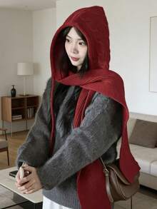 1pc Women's Solid Color Drawstring Knit Scarf Hat, Fashionable Autumn/Winter Warm Thick Layerable Knit Hat Scarf Combo, Simple & Elegant For Daily Commute Valentines Gift