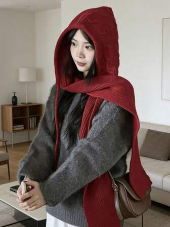 1 pieza Gorro de punto de unicolor con cordón para mujer, gorro de punto grueso y cálido de otoño/invierno, combinación de gorro y bufanda elegante y sencilla para el uso diario, regalo de San Valentín