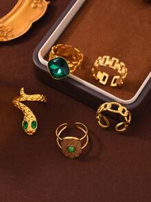 5件套优雅不锈钢金色戒指套装，女士款，包含油压绿宝石和蛇形开口戒指，适合日常佩戴、节日、约会、订婚、婚礼、送礼等场合。 - 金色 - 查看 3