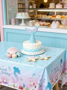 3 piezas Mantel con tema de sirena de 130 cm x 220 cm, degradado de azul y rosa soñador con patrón de sirena y coral, adecuado para fiesta de cumpleaños, fiesta de piscina de verano, decoración del hogar con tema oceánico y uso diario - Multicolor - Ver 3