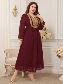 Plus Size Arabian Maroon Long Sleeve V-Neck Dress With Golden Embroidered Appliques Elegant Woven Fabric Long Dress For Women - Burgundy - View 6
