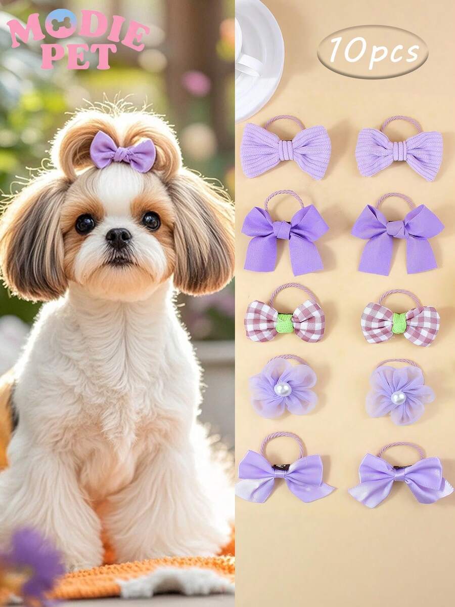 10pcs Cute Bow Hair Accessories Set, Pet Cat Dog Hair Clips, Decorative Pet Grooming Hair Accessories, Happy Kitty Puppy - Mauve Purple - View 1