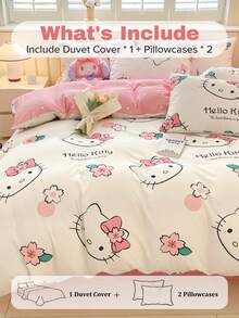SANRIO 3件套可爱印花床上用品套装 - （1件被套+2件枕套，不含填充物），卡通全尺寸，柔软舒适，适合宿舍、家庭卧室、酒店，四季皆宜，带拉链封口和枕套，多种颜色可选，加大尺寸床上用品套装 - 粉色 - 查看 5