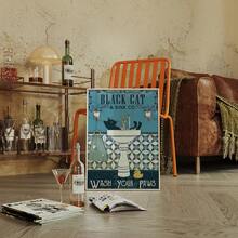 1pc Frameless Vintage Art Deco Style Black Cat "Wash Your Paws" Quote Poster, Retro Whimsical Pet Decor For Bedroom, Cute Bathroom Wall Art, Funny Cat Lover Gift, Dorm Room Decor, Funky Vintage Print For Cat Owners - Multicolor - View 4