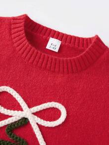 Suéter navideño de manga larga con cuello redondo y bordado de árbol de Navidad para mamá y yo - Rojo (niño) - Ver 5