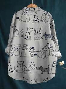 Women's Casual Cartoon Puppy Pattern Button-Up Shirt