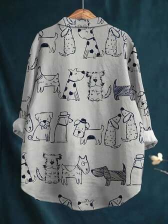 Women's Casual Cartoon Puppy Pattern Button-Up Shirt