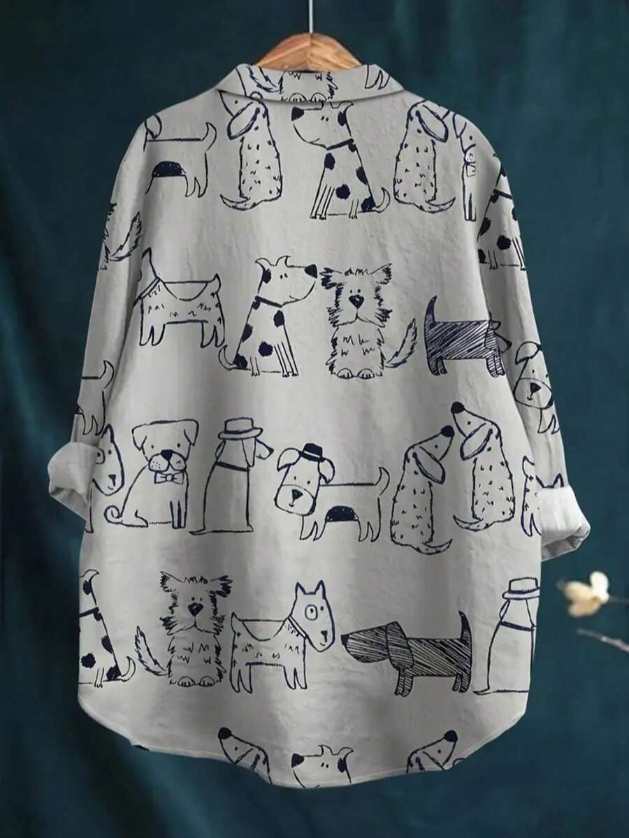 Women's Casual Cartoon Puppy Pattern Button-Up Shirt