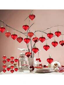 12个优雅红/粉色心形吊坠 - 情人节爱心树装饰挂件，电镀塑料球形装饰品，带挂绳，适用于情人节、婚礼、周年纪念日、节日派对装饰 - 家居装饰 - 彩色 - 查看 2